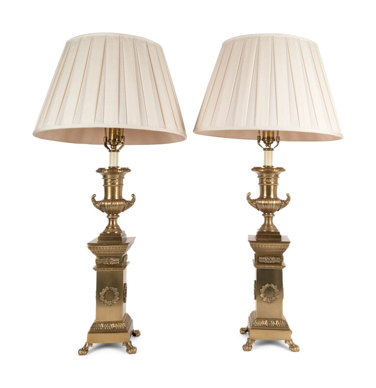 A Pair of Neoclassical Style Brass Urn-Form Lamps with Silk Shades (1 of 8)