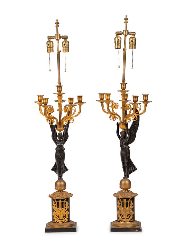 A Pair of Empire Style Gilt and Patinated Bronze Candelabra Mounted as Lamps (1 of 2)