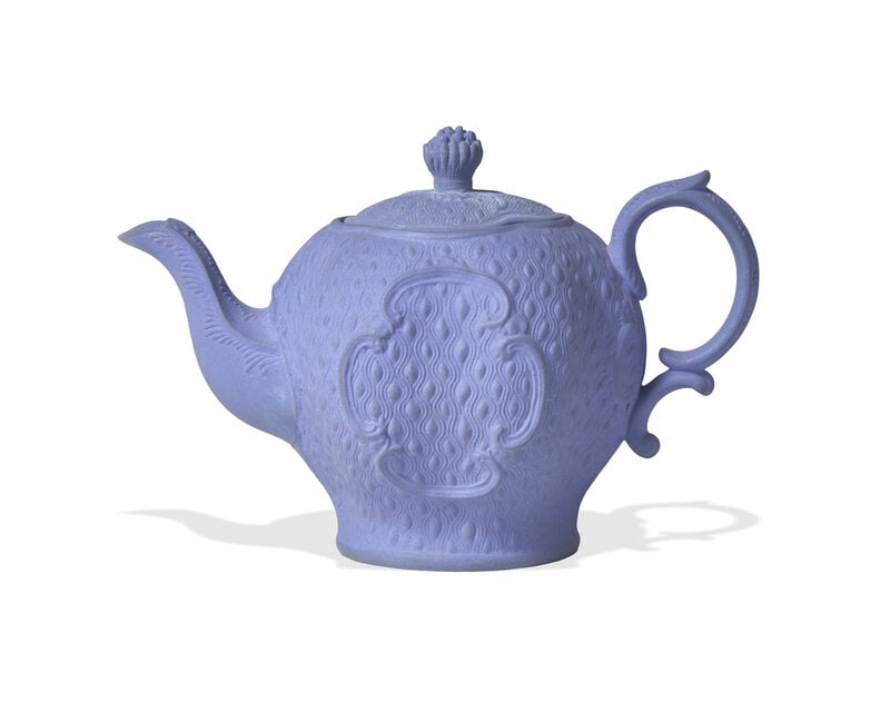 A Staffordshire Cornflower Blue Bisque Teapot Prototype, Attributed to Wedgwood: A Staffordshire Cornflower Blue Bisque Teapot Prototype, Attributed to Wedgwood Circa 1780 With inscription to underside 'The first mould teapot made in the Potteries.' Height 5