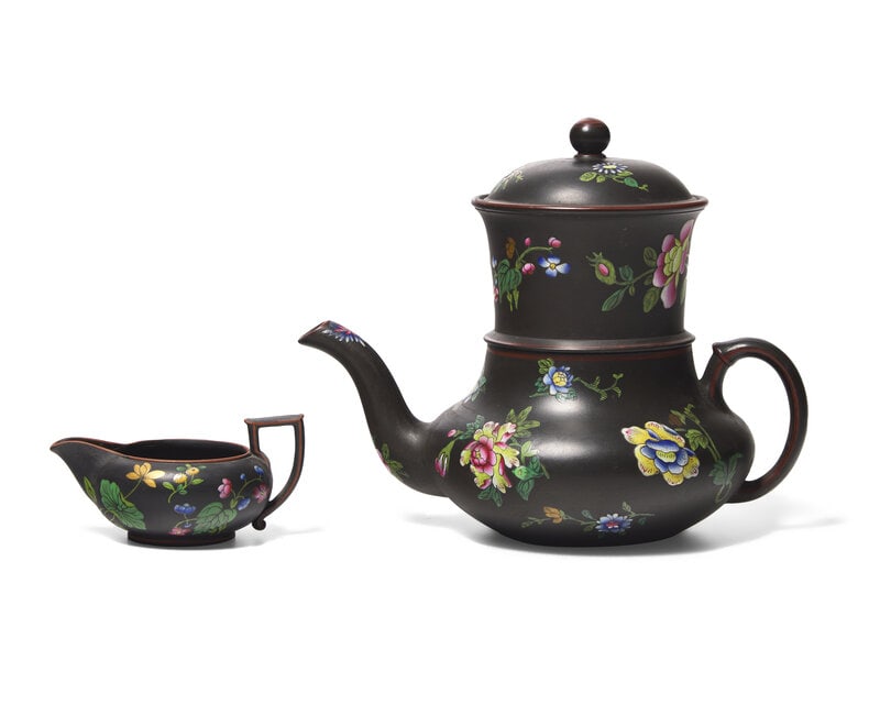 A Wedgwood Capriware Black Basalt Teapot with Strainer and Creamer (1 of 4)