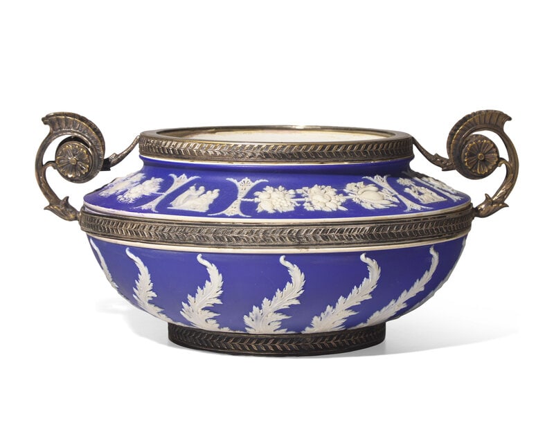 A Wedgwood Dark Blue and White Jasperware Twin-Handled Silver-Mounted Centerpiece Bowl (1 of 4)