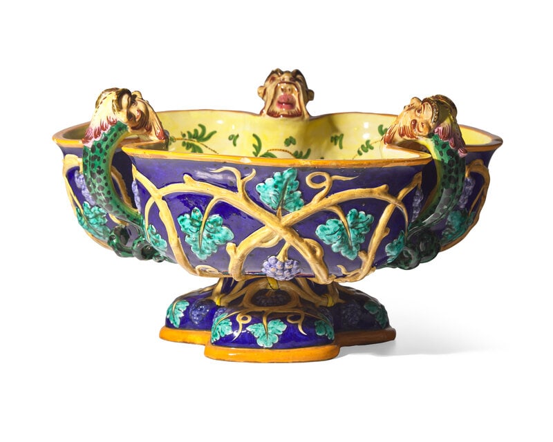 An Italian Majolica Punchbowl : An Italian Majolica Punchbowl Egisto Fantechi, Late 19th/Early 20th Century Decorated with grapevines and formed in three lobes partitioned by figural serpents; inscribed to underside 'Ex-Dr. Jacob a