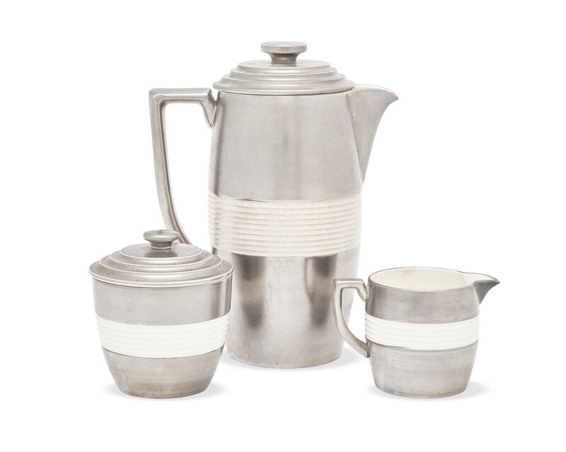 A Wedgwood Moonstone Glaze Platinum Lustre Queensware Coffee Service: A Wedgwood Moonstone Glaze Platinum Lustre Queensware Coffee Service Designed by Keith Murray (1892-1981), Early 20th Century Each with printed mark reading “KM WEDGWOOD MADE IN ENGLAND MOONSTON