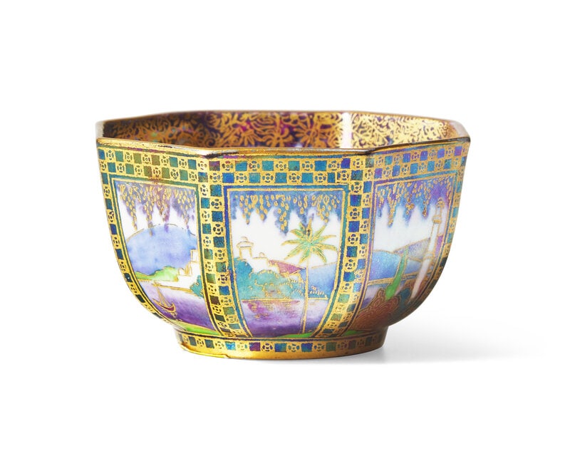 A Small Wedgwood Fairyland Lustre "Castle of the Road" and "Dana" Decorated Octagonal Bowl (1 of 3)