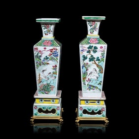 A Pair of Chinese Famille Rose Porcelain 'Cranes and Deer' Square-Section Vases, Qing Dynasty