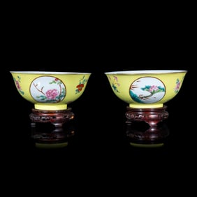 A Pair of Chinese Sgraffito Ground Yellow Glazed Famille Rose Porcelain 'Floral' Bowls, Late