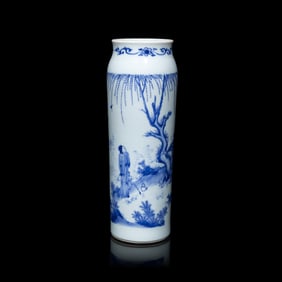 A Chinese Blue and White Porcelain Cylindrical Vase, Transitional Period, 17th Century 明