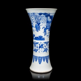 A Chinese Blue and White Porcelain 'Figure' Gu Vase, Transitional Period, 17th Century  明