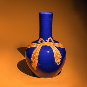 A Large Chinese Gilt and Iron Red Highlighted Blue Glazed Porcelain 'Ribbon-Tied' Vase, Tianqiuping,