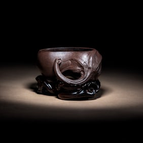 A Rare Yixing 'Eggplant' Coupe with Impressed Seal 'Yuan' and Wood Stand 陳鳴遠