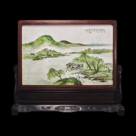 A Chinese Painted Marble 'Landscape' Table Screen, Early 20th Century 民國 擬