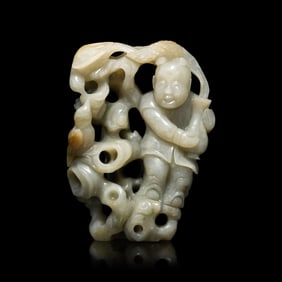 A Chinese Greyish Celadon Jade Group of a Boy and Birds, Qing Dynasty  清 青玉