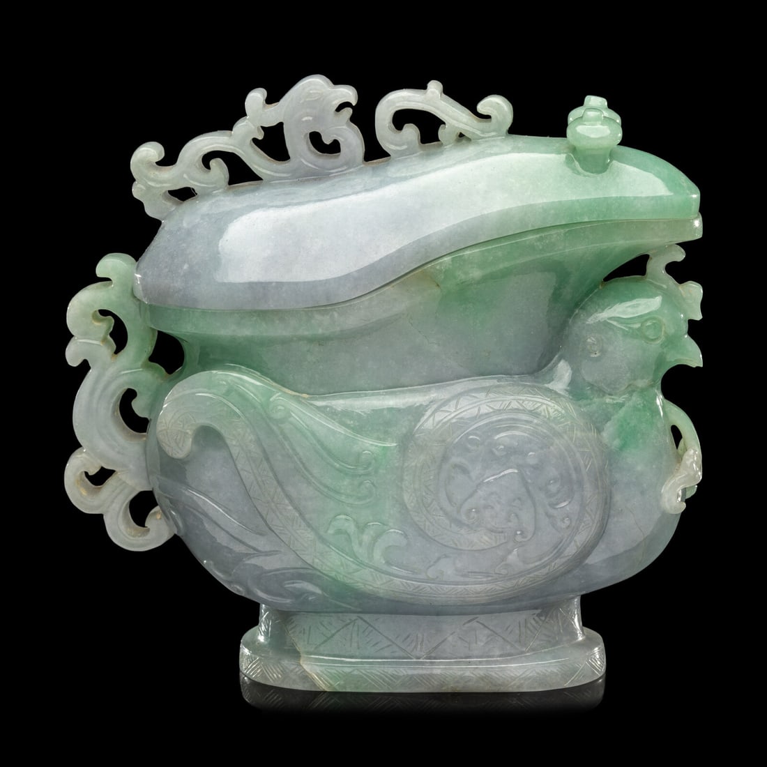 A Chinese Apple Green and Lavender Jadeite 'Phoenix' Covered Gong Vessel, Late 19th-20th Century: A Chinese Apple Green and Lavender Jadeite 'Phoenix' Covered Gong Vessel, Late 19th-20th Century 晚清-民國 翡翠鳳紋觥 Late 19th/20th Century Raise