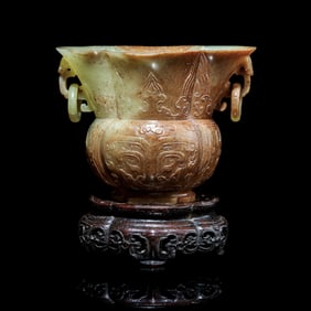 A Chinese Yellow Jade 'Lobed' Zun Vase 黃玉仿古饕餮紋