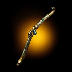 A Chinese Gilt, Silvered and Turquoise Inlaid 'Rabbit' Gold Belt Hook, Warring States Period 戰