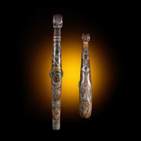 Two Chinese Silver Inlaid Bronze 'Tiger' Belt Hooks, Warring States Period-Qin Dynasty 戰