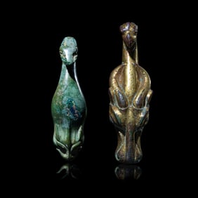 Two Chinese Bronze Garment Hooks, Warring States Period-Han Dynasty 戰國-漢