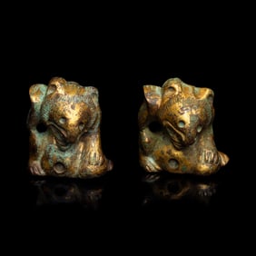 A Pair of Small Chinese Gilt Bronze Bear-Form Supports, Han Dynasty 漢 銅鎏金