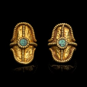 A Pair of Chinese Turquoise Inset Gold Rings, Liao Dynasty ﻿遼 金鑲綠