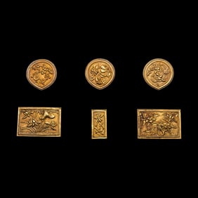 A Partial Set of Chinese Yellow Gold Belt Plaques, Ming Dynasty 明 四時花