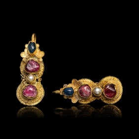 A Pair of Chinese Gemstone and Pearl-Inlaid Gold 'Butterfly and Chrysanthemum' Earrings, Erhuan,