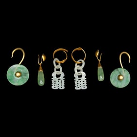 Three Pairs of Chinese Jade and Jadeite Earrings, Qing Dynasty and later 清及以