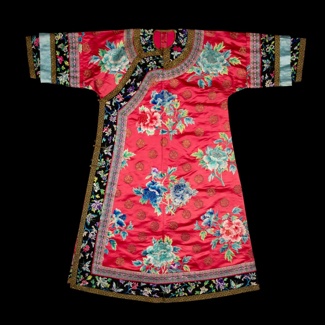 A Chinese Red Ground Embroidered Silk Manchu Lady's Informal Robe, Changyi, Late 19th Century (1 of 7)