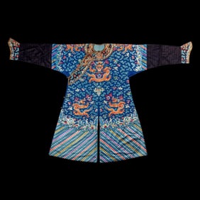A Chinese Blue Ground Embroidered Silk Dragon Robe, Jifu, Late 19th Century 清晚期