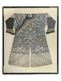 A Chinese Blue Ground Kesi Silk Dragon Robe, Jifu, 19th Century 清晚期 藍