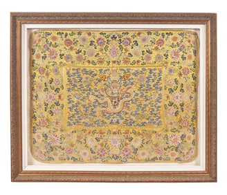 A Large Chinese Yellow Ground Embroidered ’Dragon and Lotus‘ Silk Throne Cover,