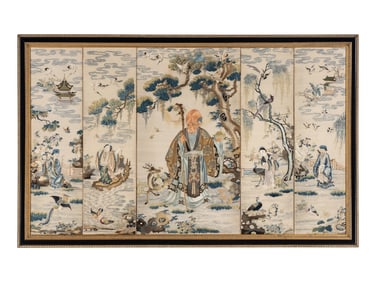 A Chinese Canton Style Embroidered 'Immortals' Five Paneled Screen, 19th Century 清晚