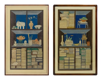 A Pair of Korean Books and Scholars’ Accoutrements (Chaekgeori) Paintings, Joseon Period, 19th