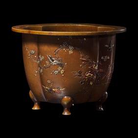 A Japanese Inlaid and Patinated Bronze Small Jardiniere by Inoue of Kyoto, Meiji Period 日