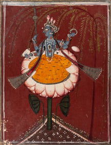 An Indian Painting of Vishnu Seated on a Lotus, Punjab Hills, Basohli, Circa 1700-1720