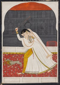 An Indian Painting of a Woman Chasing a Cat Thief, Punjab Hills, Kangra, 1800-1820 1800-1820年