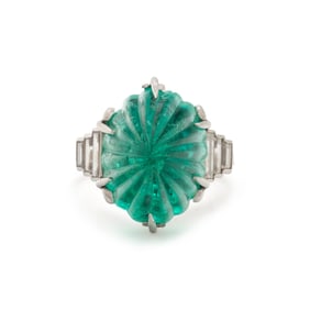 ART DECO, CARVED EMERALD AND DIAMOND RING