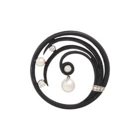 MARSH & CO., STEEL, DIAMOND, AND CULTURED PEARL BROOCH