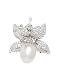 CULTURED PEARL AND DIAMOND FLOWER BROOCH