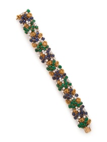 FRENCH, YELLOW GOLD, DIAMOND, SAPPHIRE AND EMERALD BRACELET