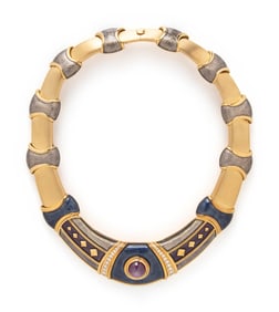 LEO DE VROOMEN, YELLOW GOLD, STAR RUBY, ENAMEL, AND DIAMOND NECKLACE