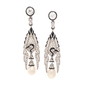CARTIER, ART DECO, PLATINUM, DIAMOND, PEARL,  AND ENAMEL EARRINGS