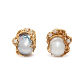 ARTHUR KING, BAROQUE CULTURED PEARL AND DIAMOND EARRINGS