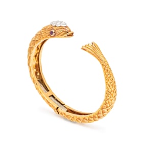 DAVID WEBB, YELLOW GOLD, DIAMOND AND RUBY PISCES CUFF BRACELET