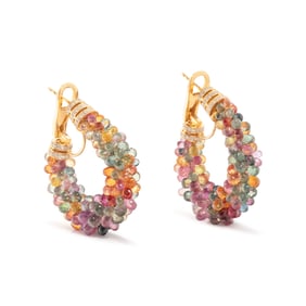 MULTICOLOR SAPPHIRE, DIAMOND, AND YELLOW GOLD HOOP EARRINGS
