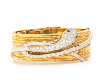 YELLOW GOLD, DIAMOND, AND EMERALD SNAKE BANGLE BRACELET