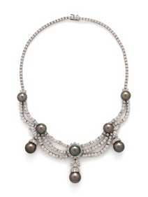 DIAMOND AND GRAY CULTURED PEARL FESTOON NECKLACE