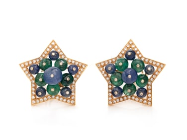 SAPPHIRE, EMERALD, AND DIAMOND STAR EARRINGS