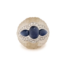 CARVED ROCK CRYSTAL, SAPPHIRE AND DIAMOND RING
