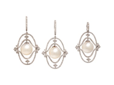 CULTURED PEARL AND DIAMOND EARRINGS AND PENDANT