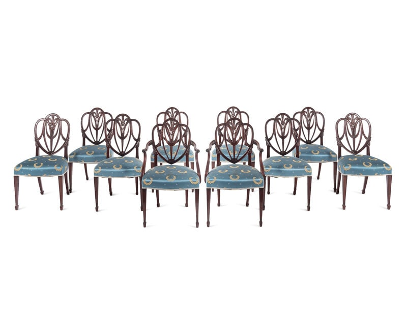 A Set of Ten George III Style Mahogany Dining Chairs: A Set of Ten George III Style Mahogany Dining Chairs 20th Century comprising two armchairs and eight side chairs Height of armchair 37 1/4 x width 23 1/4 x depth 21 1/2 inches.